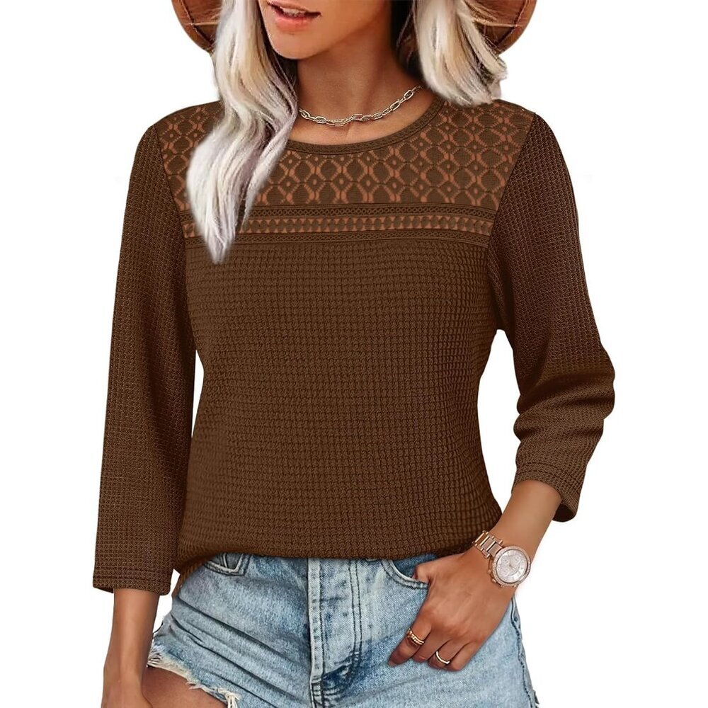 Womens Waffle Knit Lace Front Top 3/4 Sleeve Casual Fall Fashion Plus Size